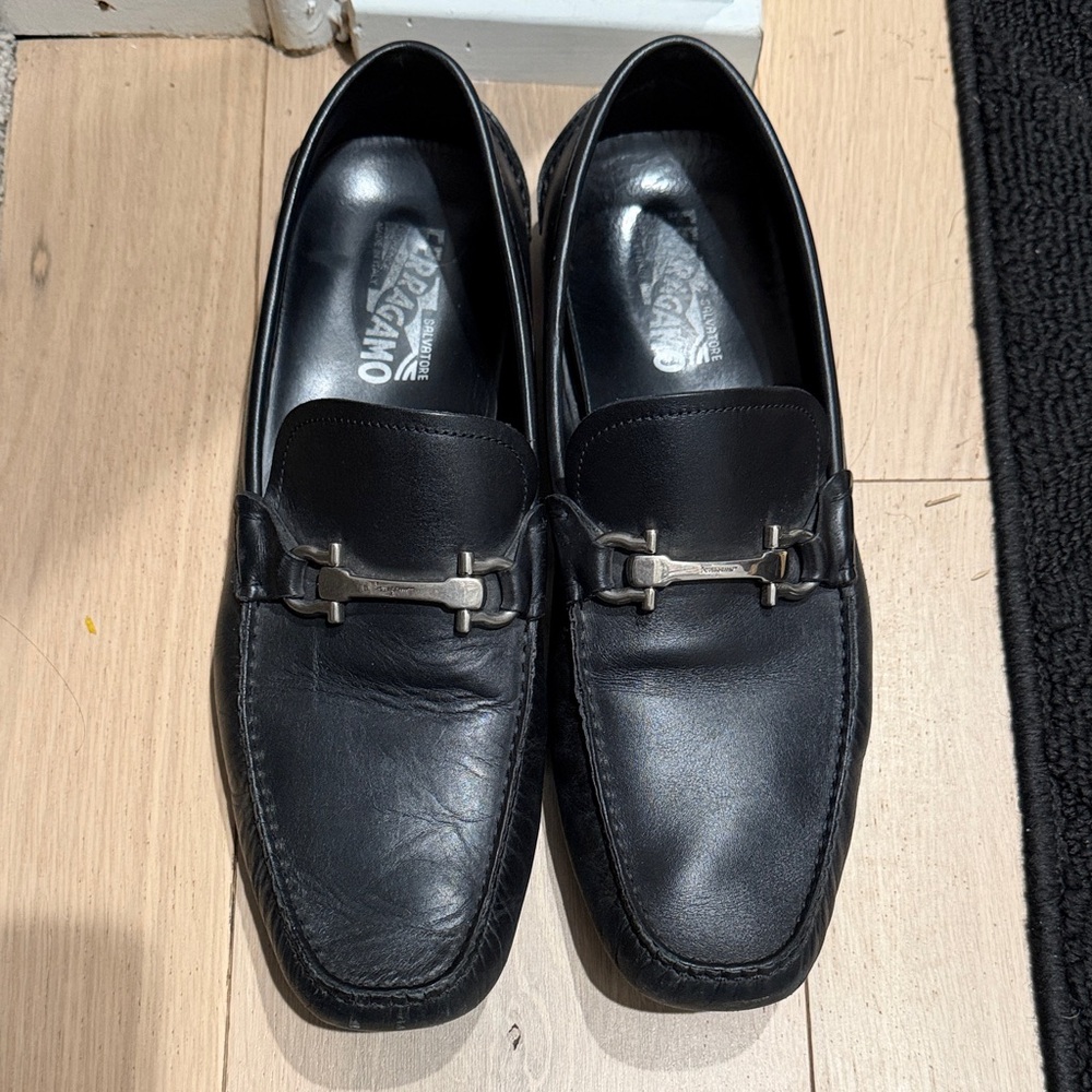 Salvatore Ferragamo Black Leather Slip-On Loafers